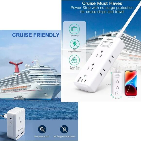 Travel 5 Foot 9 in 1 Power Strip And Type C Plug Adapter Cruise Bundle - Picture 2 of 16